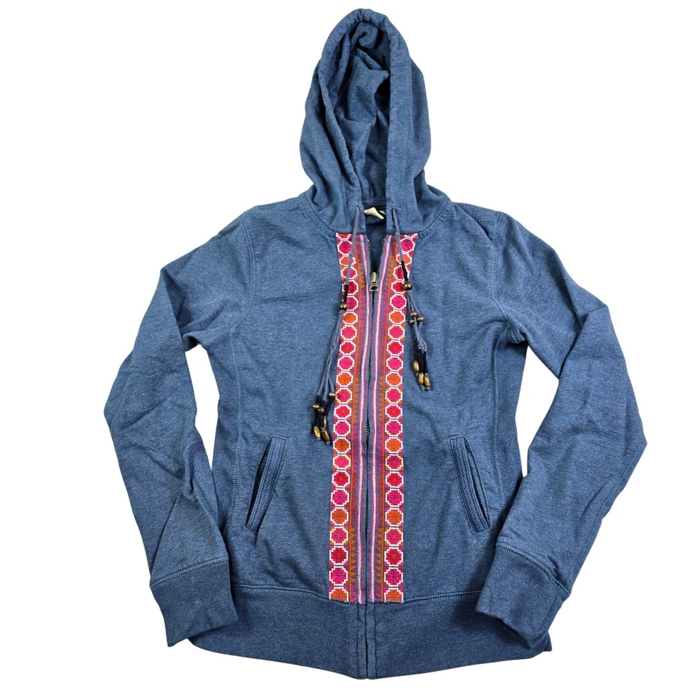 Lucky Brand Full Zip Hoodie Juniors Small Blue Embroidered Boho Sweatshirt Retro